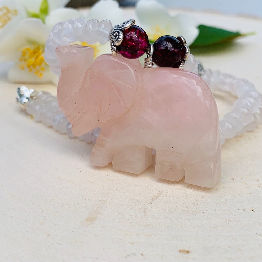 One of a kind Rose Quartz Crystal Elephant Pendent Necklace